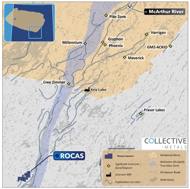Regional map of Standard Uranium's Rocas Project. The Project is located 75 kilometers southwest of the Key Lake Mine and Mill facilities along Highway 914.