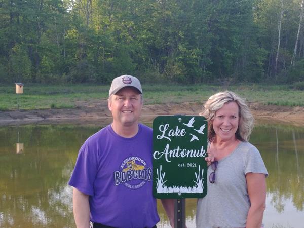 Scott and Linda Dunn have a new small wetland on their Elgin County property in the Northern Lake Erie watershed. “The new wetland name, Lake Antonuk, comes from Linda’s parents who grew tobacco and cash crops here for more than 50 years,” said Scott Dunn.