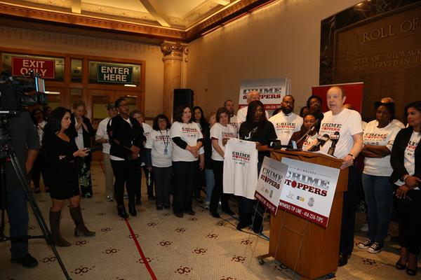 Attorney Michael Hupy at the Crime Stoppers press conference in Milwaukee.