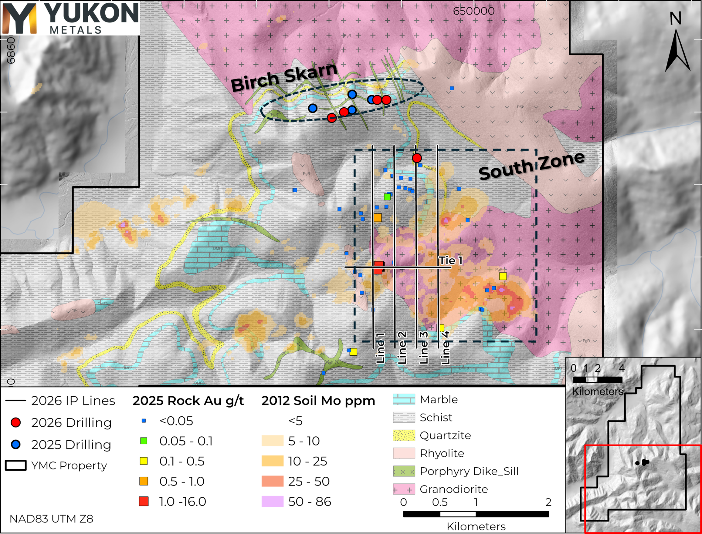 Birch Project compilation map showing the known skarn mineralization and the southern Birch target, with drilling, surface sampling, molybdenum-in-soil geochemistry, geology, and 2026 IP survey coverage.