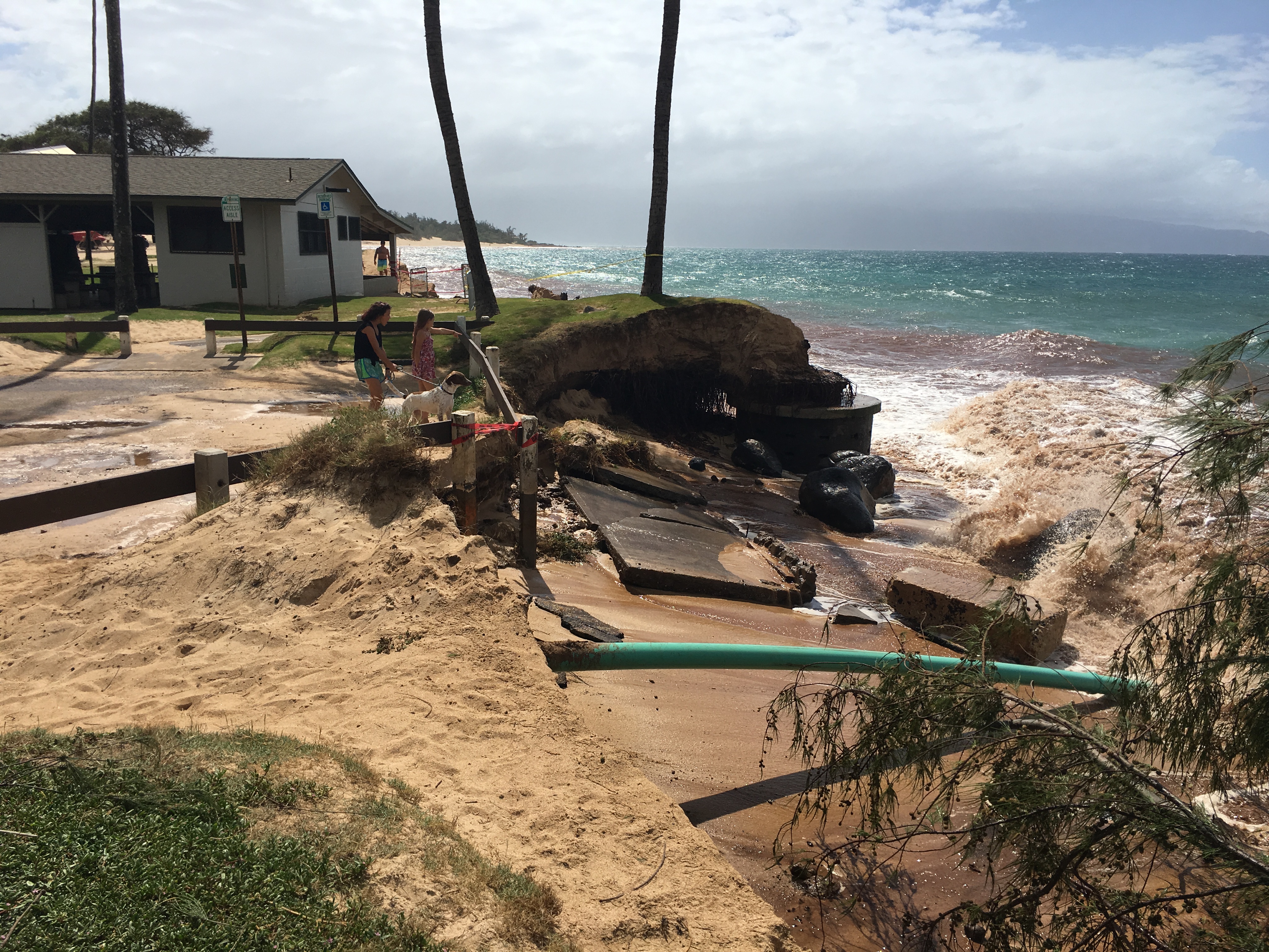 Remnants of a decommissioned cesspool and other infrastructure exposed by beach erosion at Kapukaulua (Baldwin Beach Park) in September 2016.