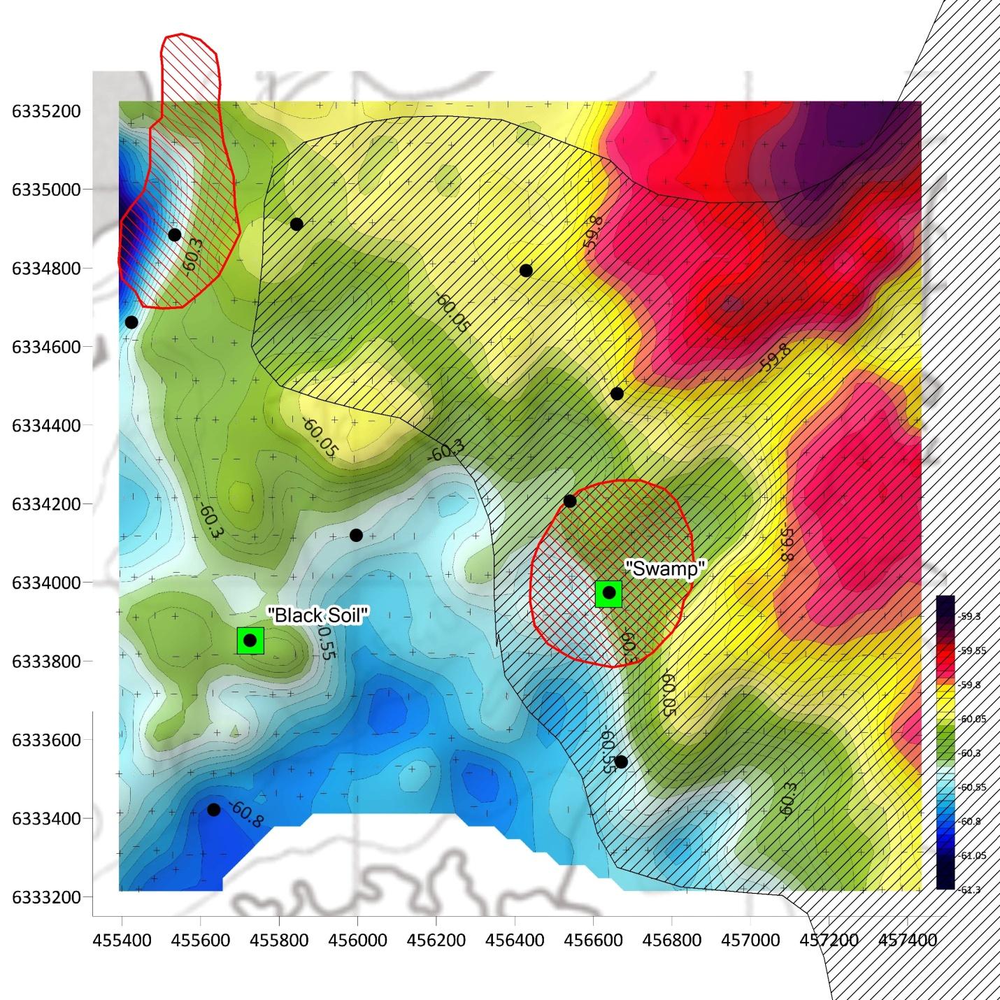 Colored map with black dots showing drill collars and anomalies in colors.