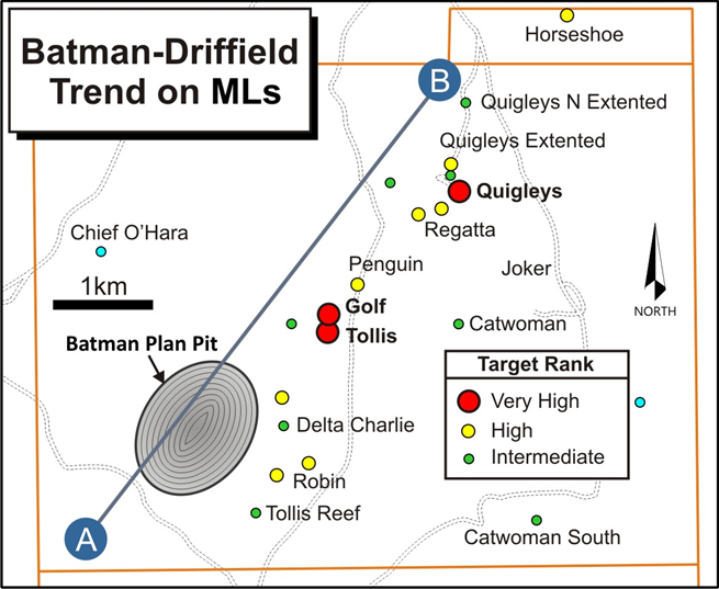 Figure 1:  Plan map of the Mt Todd MLs with details of the southwestern portion of the Batman-Driffield Trend
