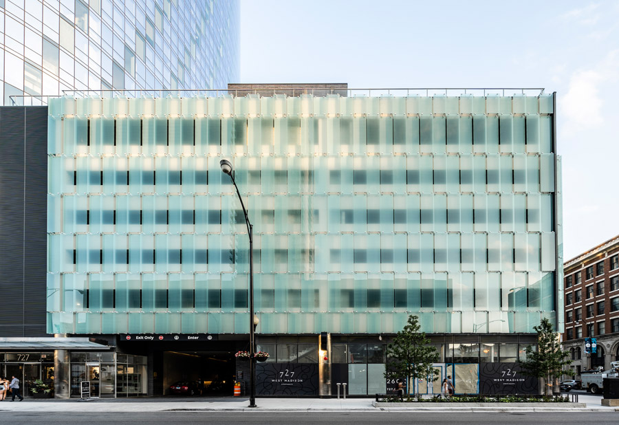 Bendheim's award-winning glass parking facade system, as seen at 727 West Madison, Chicago, IL. Photo by Tashio Martinez.