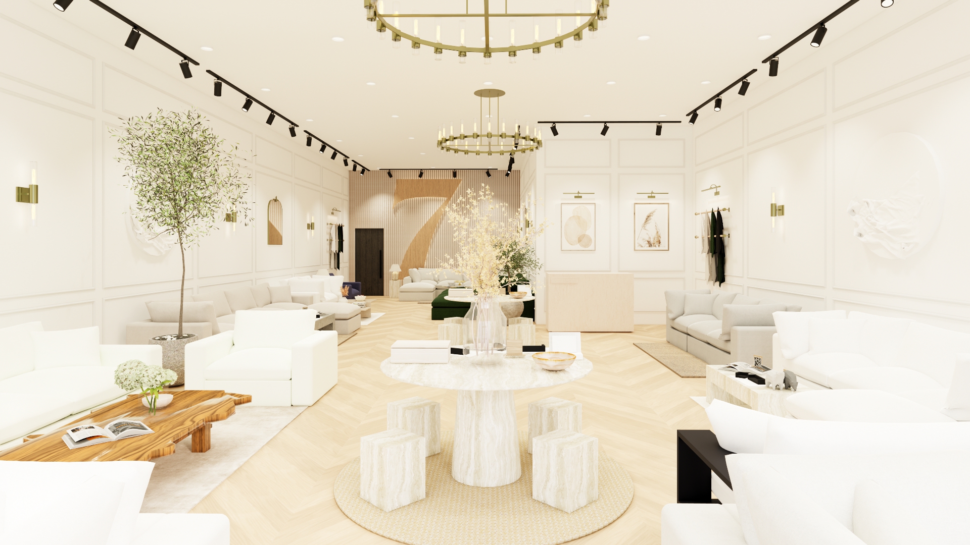 Neutral modular sofas arranged throughout the 7th Avenue showroom at Legacy West