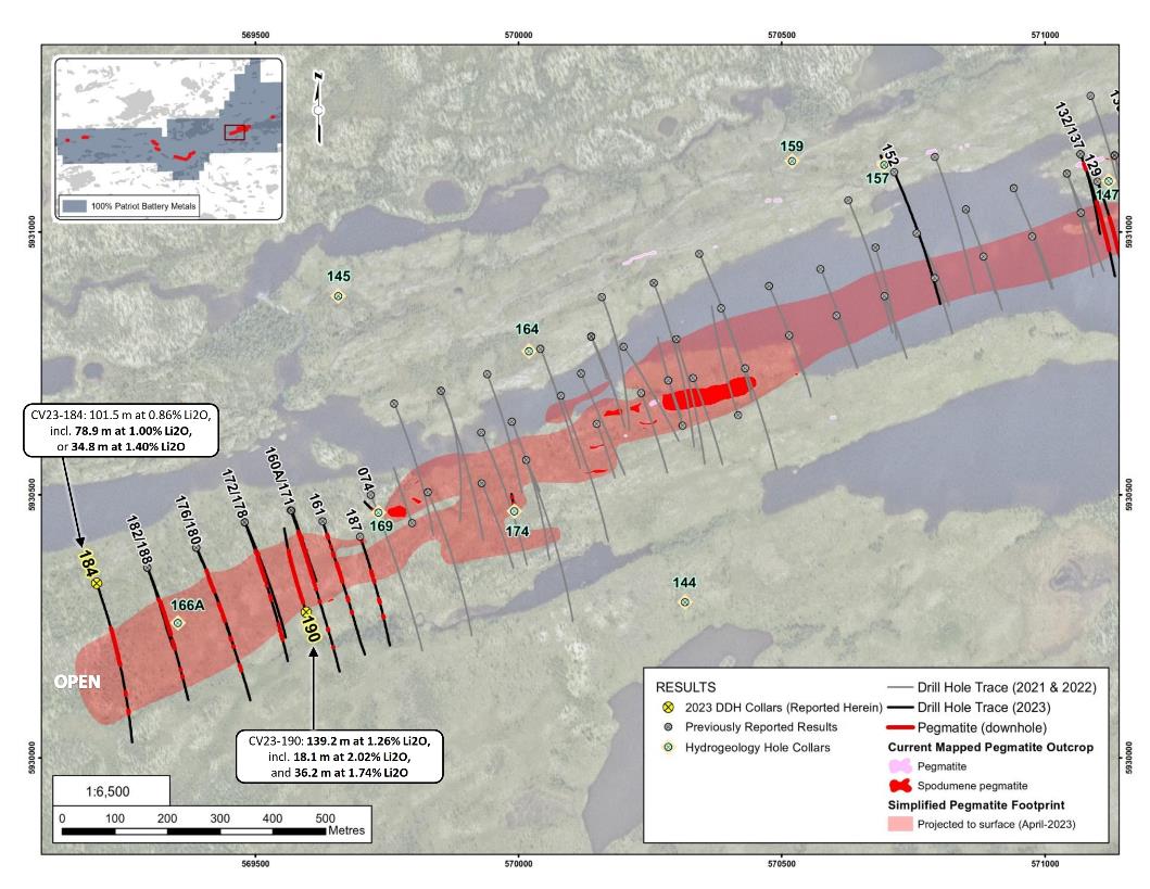Figure 3: Drill holes completed at the CV5 Pegmatite through the 2023 winter drill program –western area.