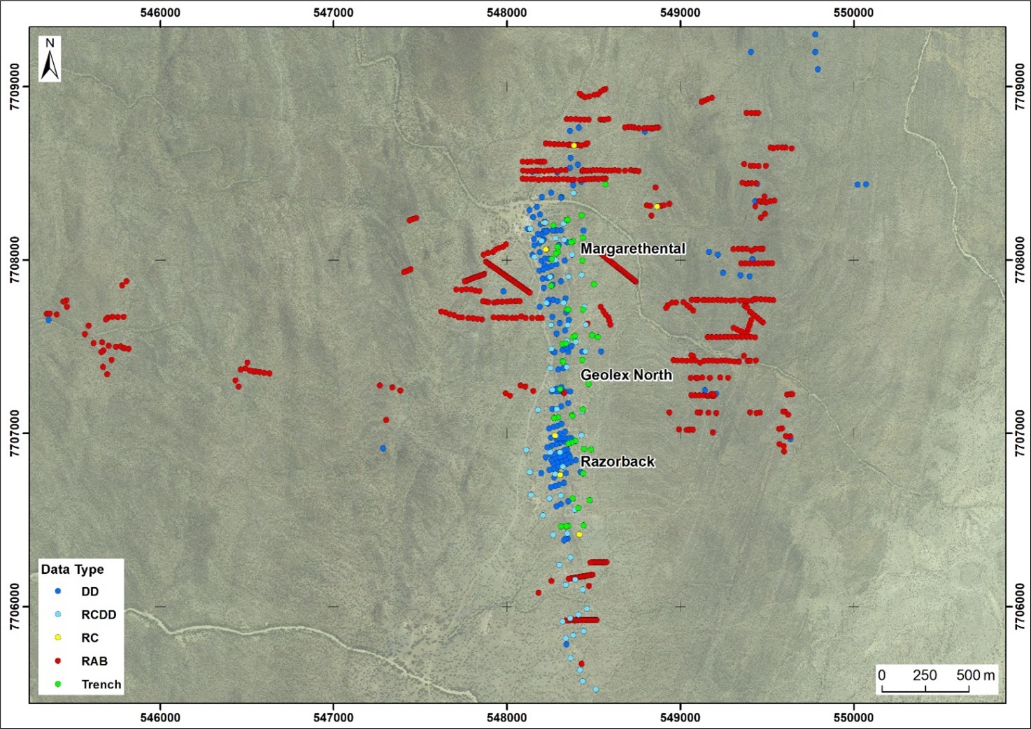 Figure 3: Plan view showing part of the drilling database indicated by collar location and type in the Ondundu area 
