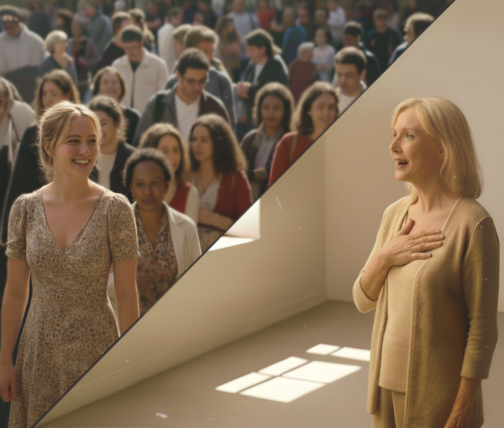 A mother finding the daughter given up for adoption among a crowd of people.