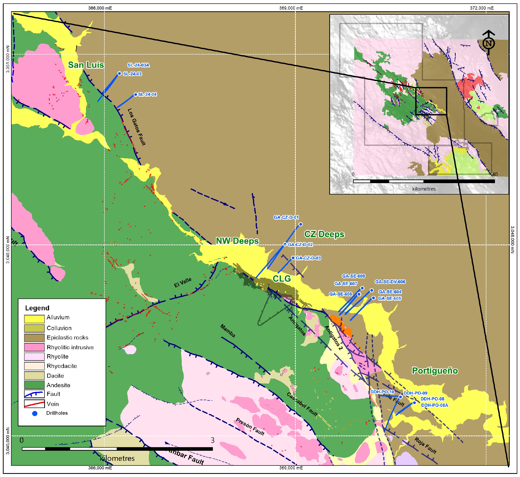 Figure 8: Plan view of near-mine prospects, select high-priority drill targets and drillholes from Q3 2024 in SE Deeps, Central Deeps, Portigueño and San Luis Targets