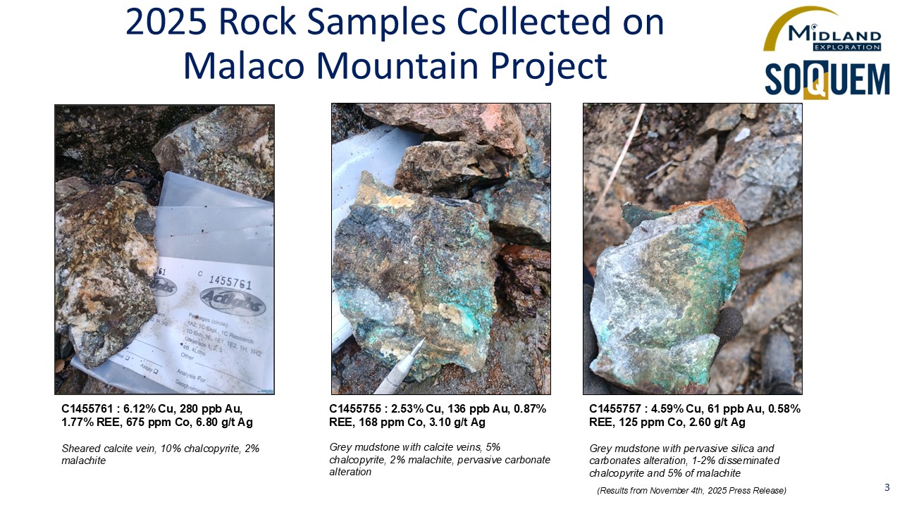 Figure 3 2025 Rock Samples Collected on Malaco Mountain Project