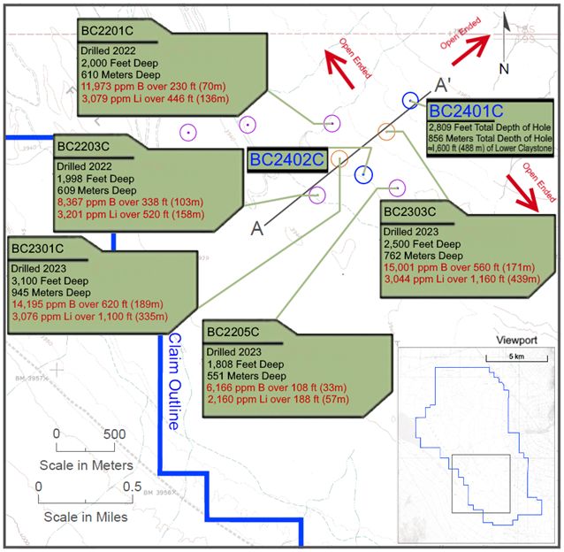 Drill collar map of proposed BC2401C and BC2402C, relative to completed drillholes.