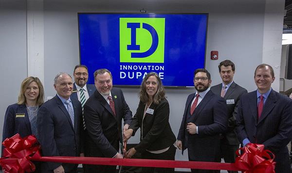 Pictured, from left: College of DuPage Board of Trustees Vice Chairman Christine Fenne, COD Interim President Dr. Brian Caputo, COD Provost Dr. Mark Curtis-Chávez, Innovation DuPage Board Chair Joseph Cassidy, Village of Glen Ellyn President Diane McGinley, Innovation DuPage Managing Director Travis Linderman, Glen Ellyn Village Manager Mark Franz, and DuPage County Board Member Tim Elliott. (Photo by Press Photography Network/Special to College of DuPage)