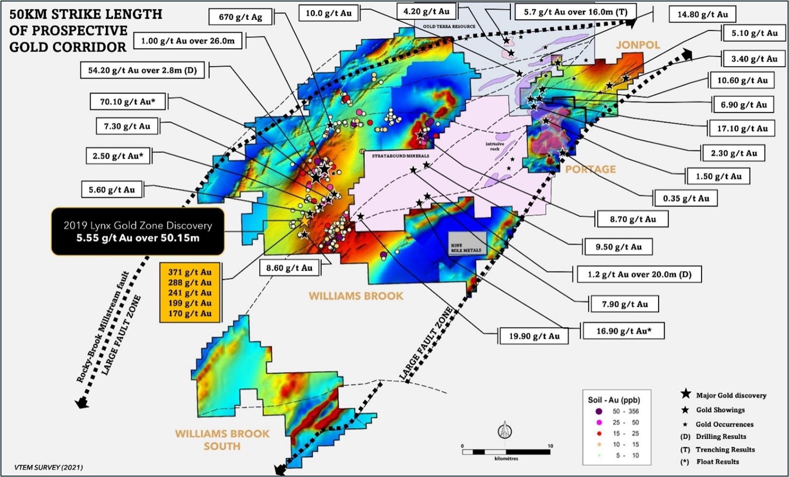 Main gold showings and occurrences at the Williams Brook Gold Project