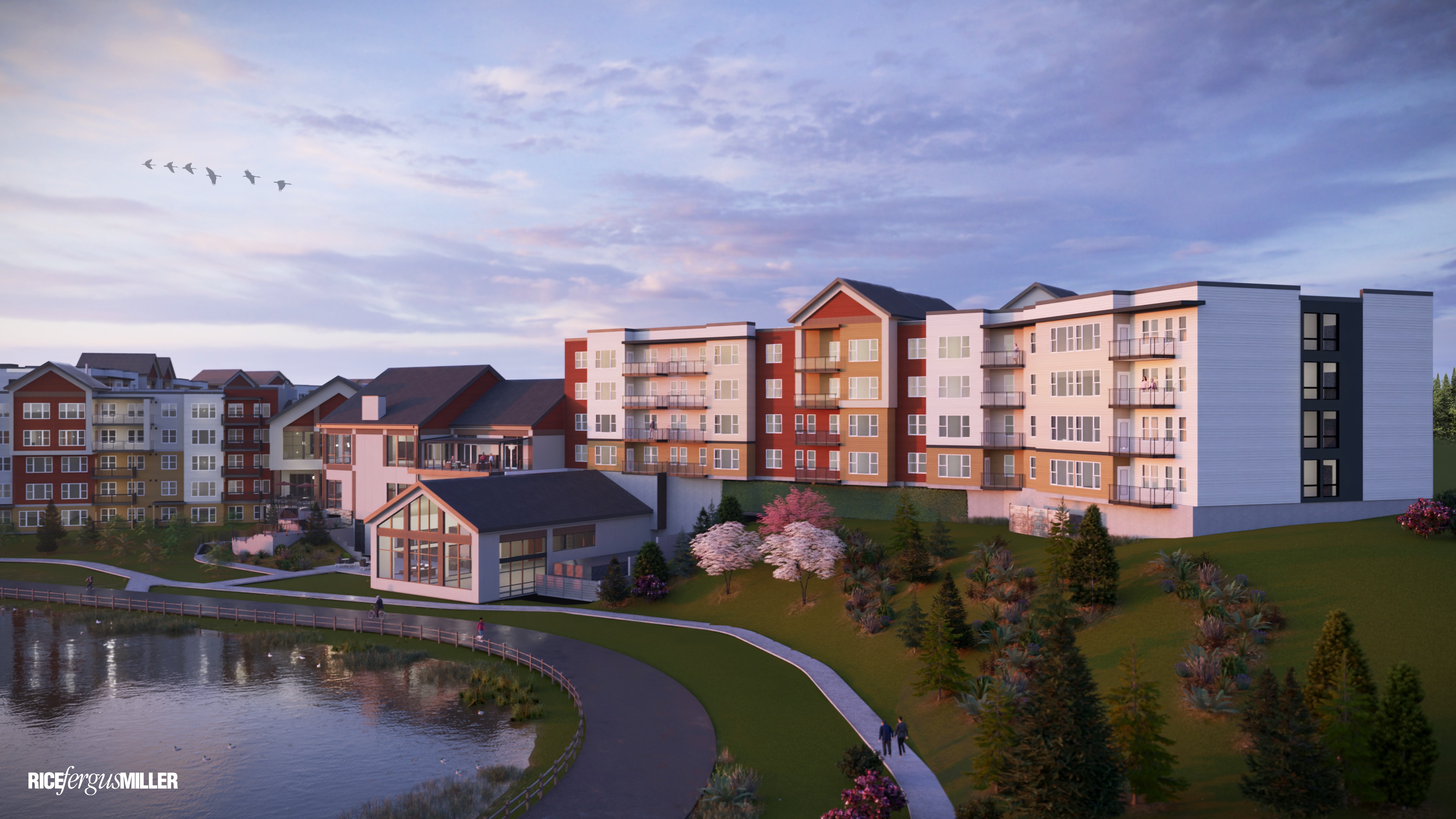 A rendering of Heron's Key's Phase II expansion in Gig Harbor, WA, featuring new apartments, enhanced common areas, and expanded amenities for an enriched senior living experience. (Image credit: Rice Fergus Miller)