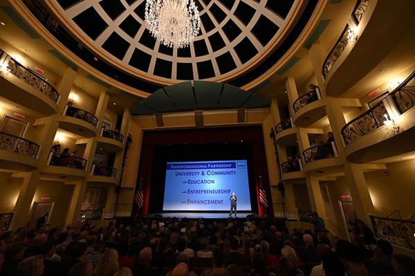 High Point University’s Hayworth Fine Arts Center was filled with community leaders, faculty and staff for today’s 10-year growth announcement.