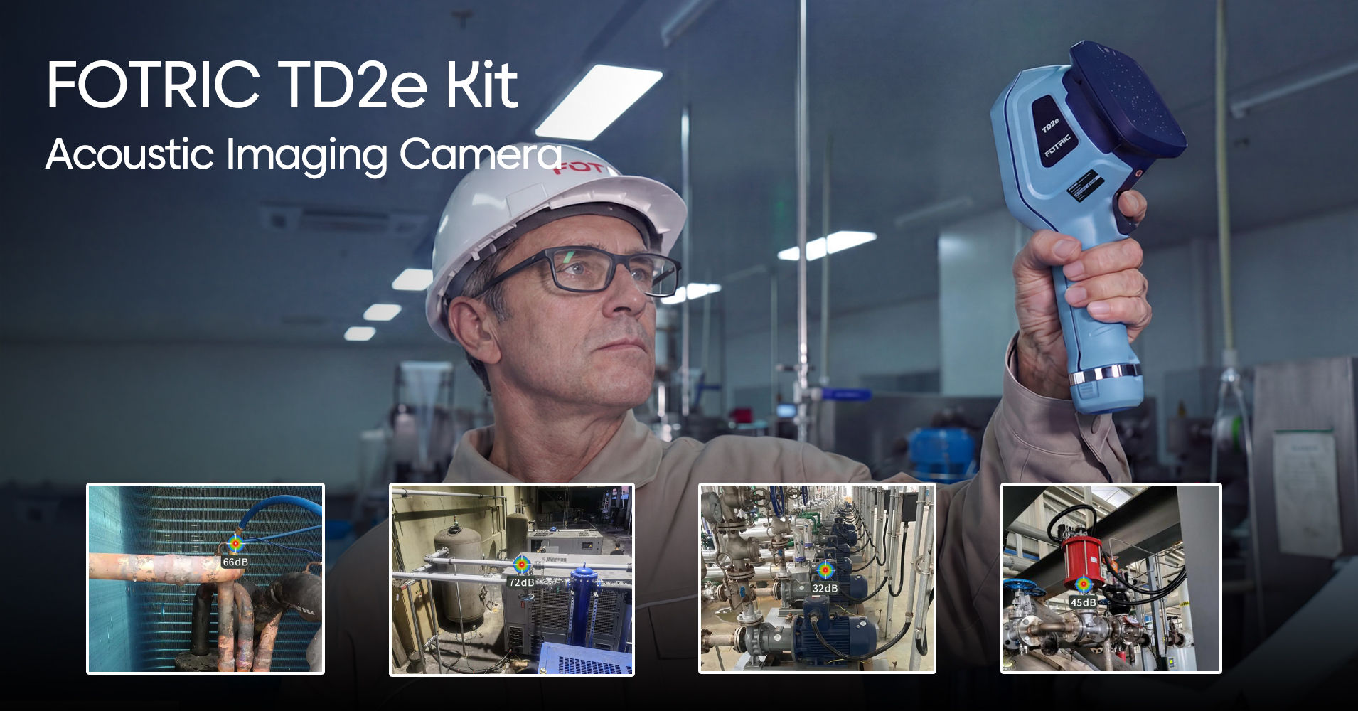 FOTRIC TD2e Kit detecting compressed air and gas leaks in industrial environment using acoustic imaging technology