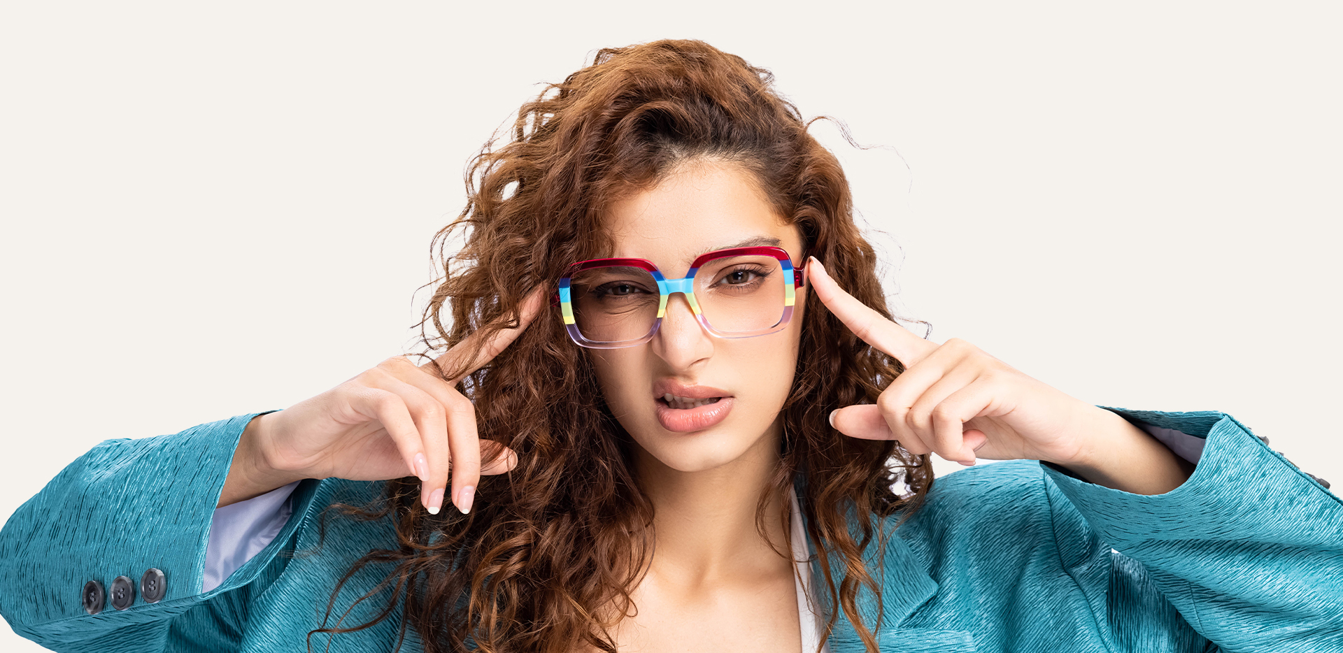 Confident model wearing Firmoo Bold Collection oversized colorful acetate frames making a bold fashion statement.