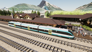 Artist's rendering: Calgary Airport - Banff Passenger Rail at the Banff Train Station.