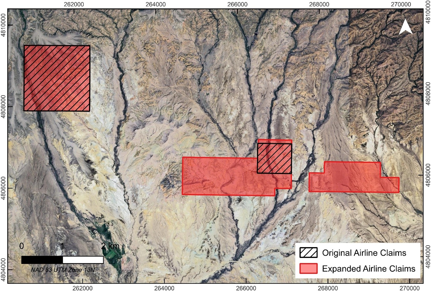 Map of the Airline Project. The original 60-hectare BLM claim block is located to the right, with three newly staked expansions to the north (7 ha), west (205 ha), and east (134 ha). The existing 258 ha Wyoming State Mineral Lease is situated 4.2 kilometres west-northwest of the original BLM claim block