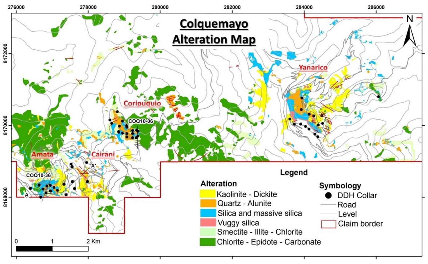 Colquemayo alteration mapping: Three lithocaps (Amata-Cairani, Coripuquio and Yanarico) were explored between 2009 and 2014 by Rio Tinto and Buenaventura.