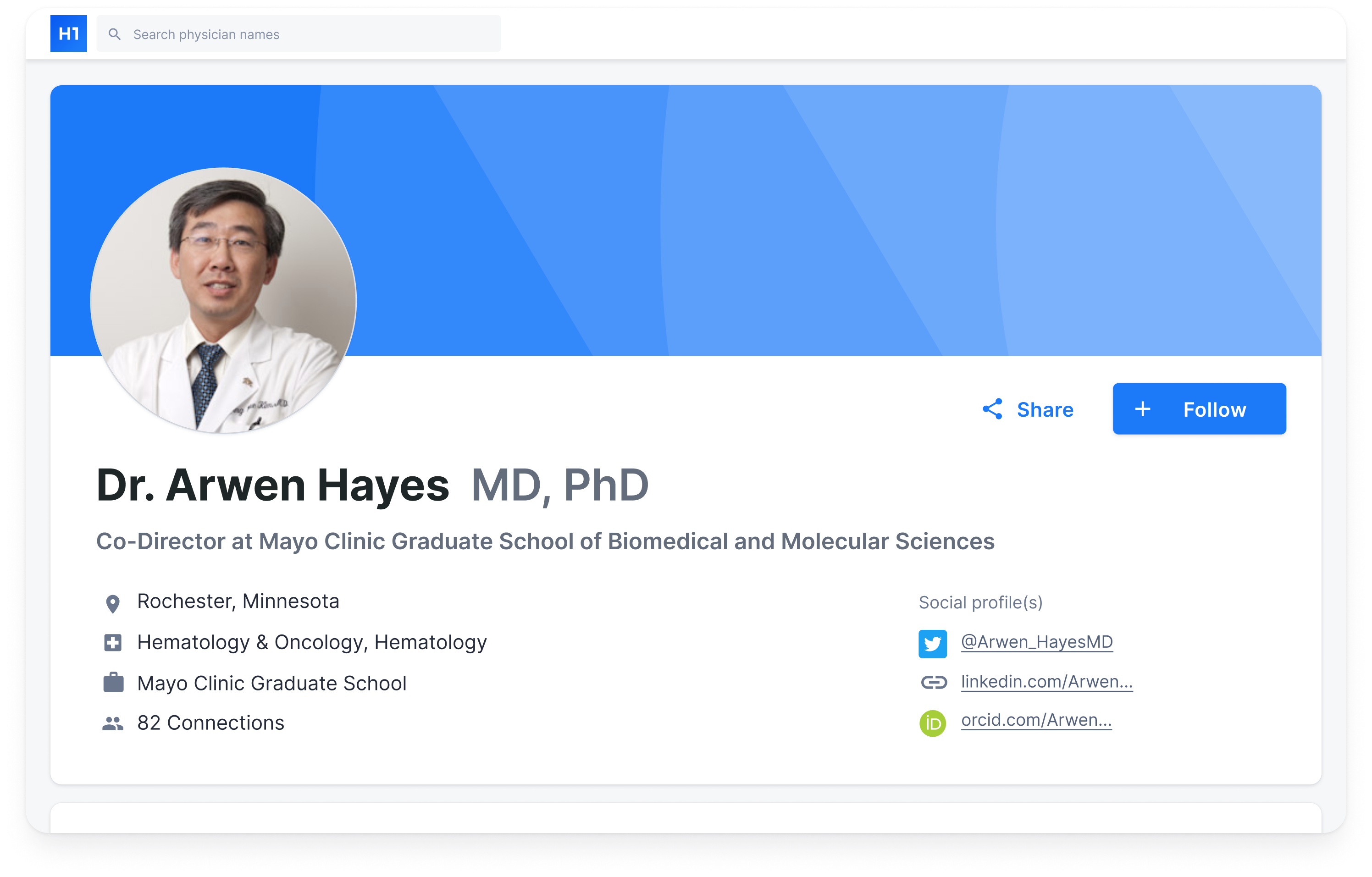H1’s platform helps life sciences companies, hospitals, academic medical centers and health systems connect with providers, find clinical research, locate industry experts, and benchmark their organizations.