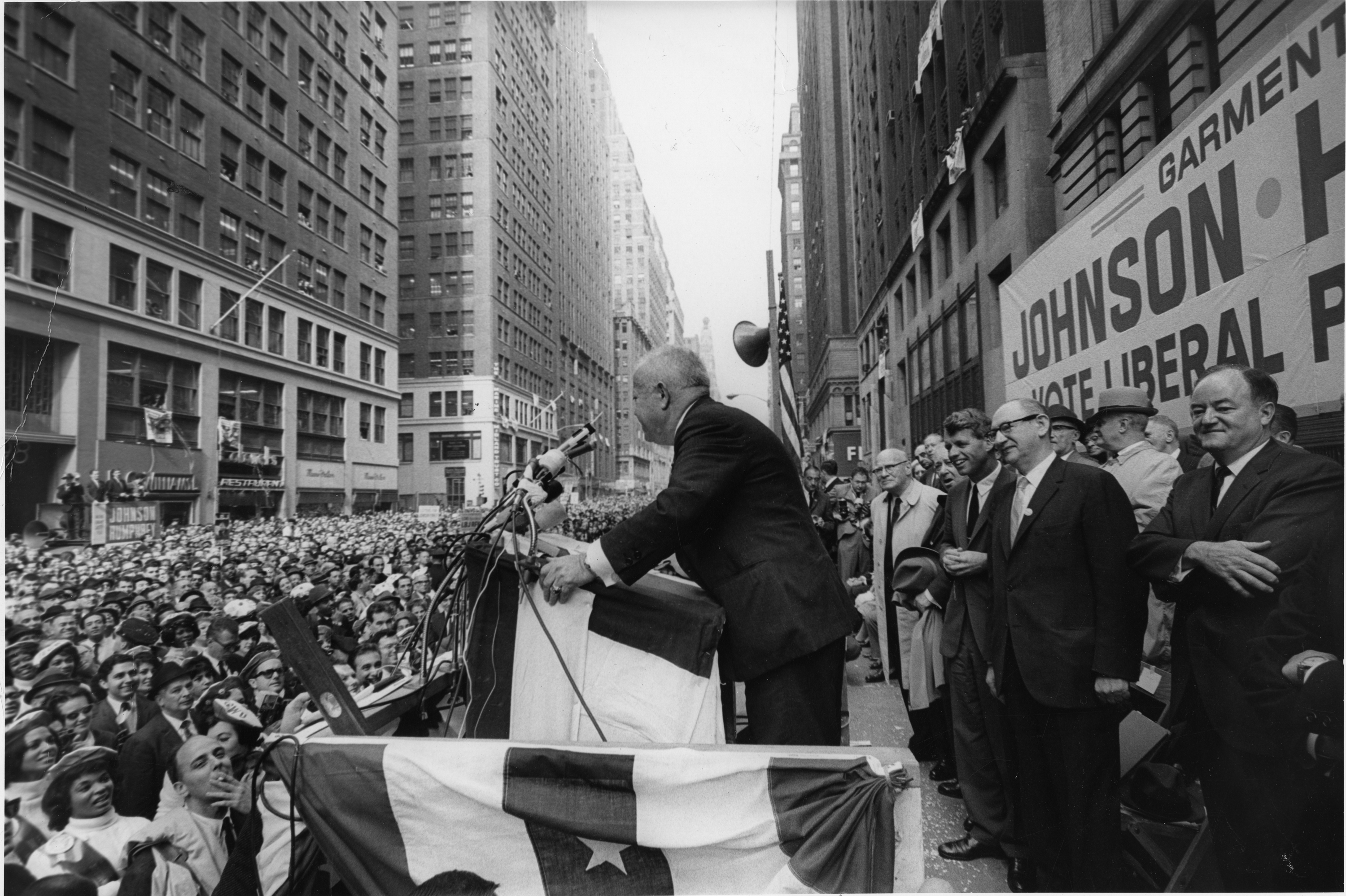 ILGWU President David Dubinsky and Liberal Party leader Alex Rose rally voters for LBJ, RFK, and Hubert Humphrey, Seventh Avenue. Burton Berinsky, 1964. Courtesy Kheel Center for Labor-Management Documentation & Archives, Cornell University.