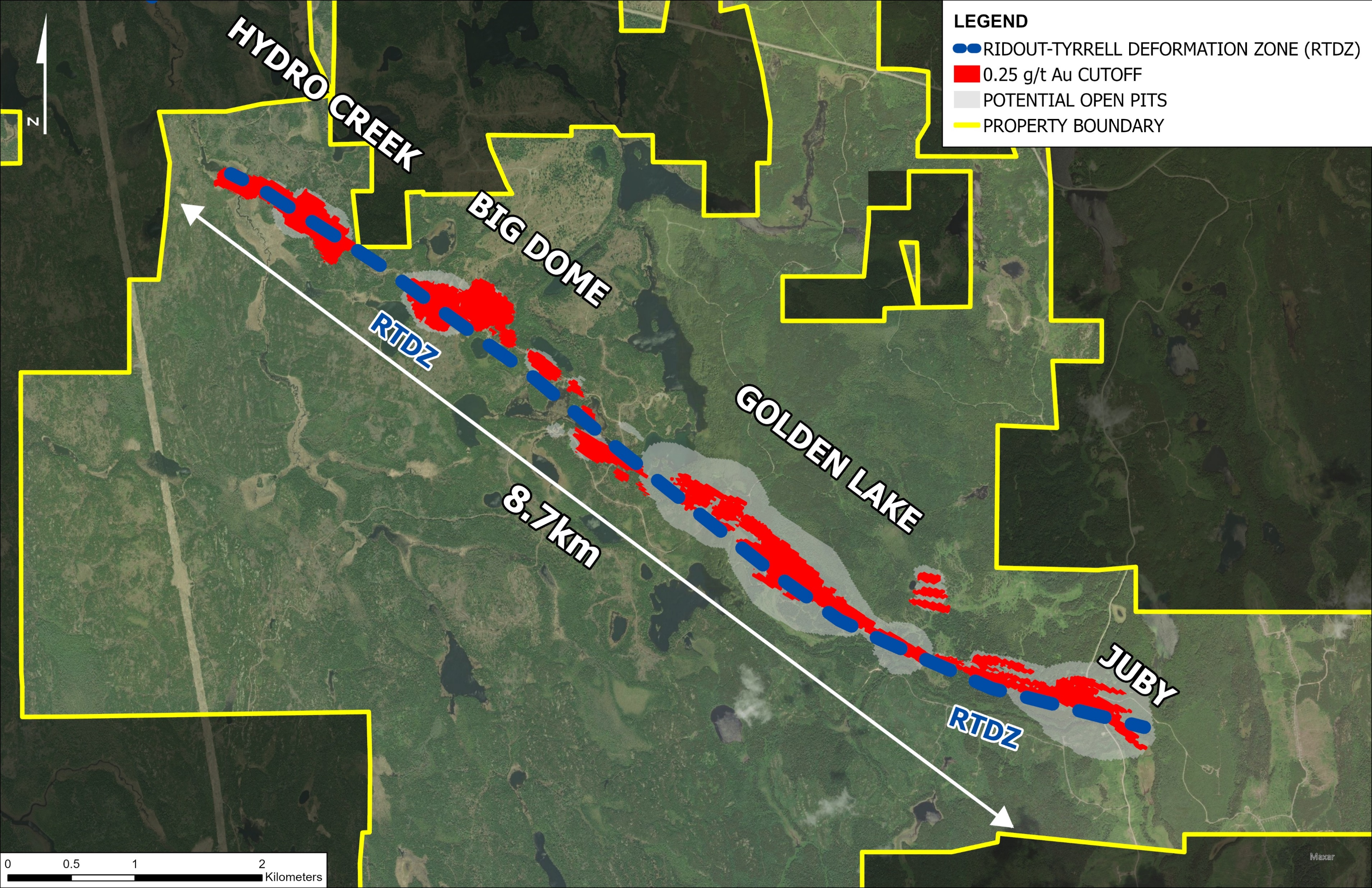 Figure 2 - Plan view of Juby Gold Project Highlighting 4 Zones of Mineralization