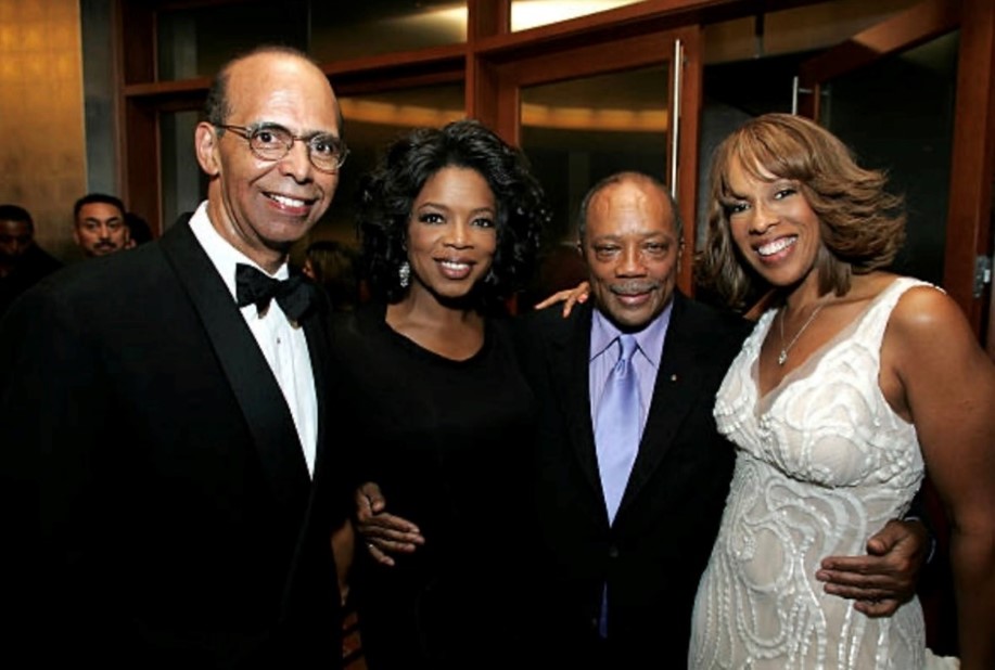 (l-r) UNCF President and CEO Dr. Michael L. Lomax with Oprah Winfrey and Gayle King to present UNCF Excellence Award to Quincy Jones in 2005 as a strong advocate for education and equality.