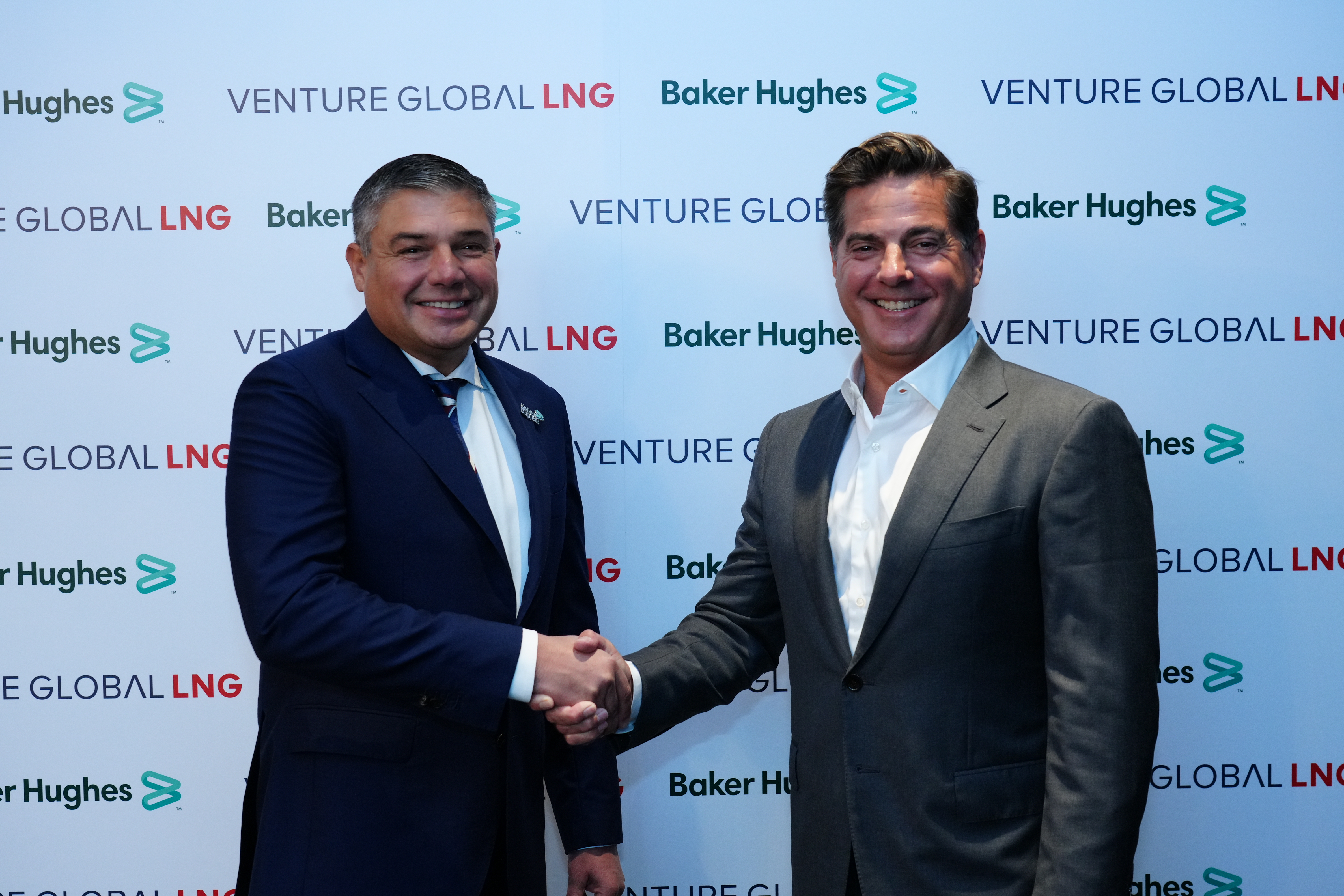 Baker Hughes Chairman and CEO Lorenzo Simonelli and Venture Global CEO Mike Sabel at Gastech 2023 in Singapore on Sept. 5, 2023.