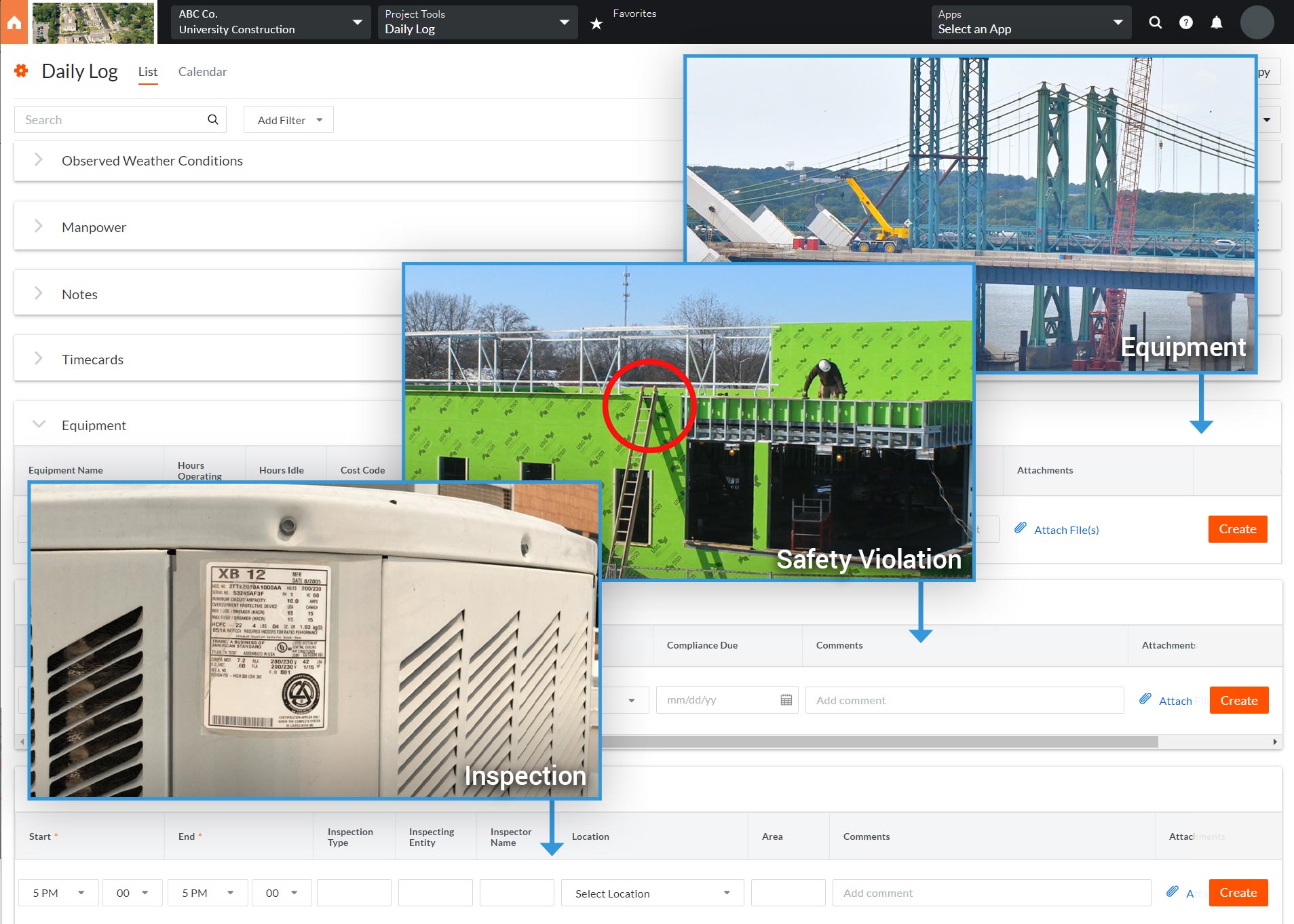 EarthCam now delivers visual data to Procore's Daily Log for safety violations, accidents, equipment records and site inspections. 