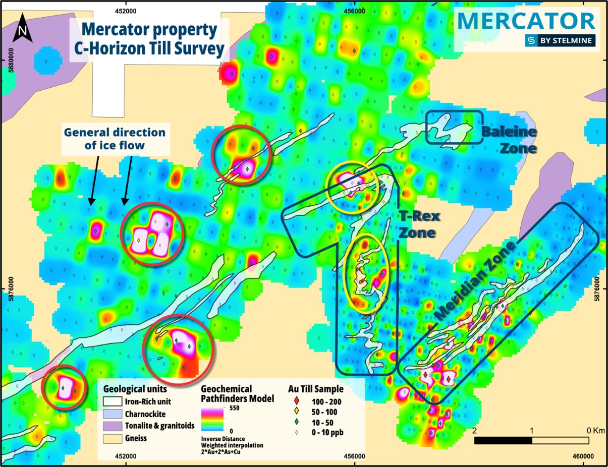 Vue du détail du secteur Meridian-T-Rex et des extensions vers l’ouest.  En tenant compte de la différence de maille d’échantillonnage entre les secteurs (celles de Meridian et T-Rex étant plus serrées), les réponses sur les nouveaux secteurs sont comparables à celles des secteurs T-Rex et Meridian, ce dernier ayant des minéralisations aurifères connues.