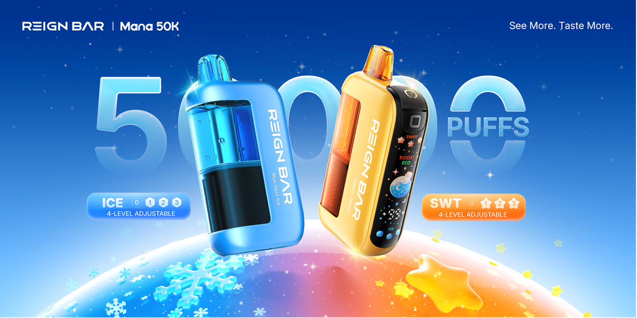 REIGN BAR Mana 50K vape showcasing adjustable sweetness and ice levels, emphasizing 50,000 Puffs capacity.