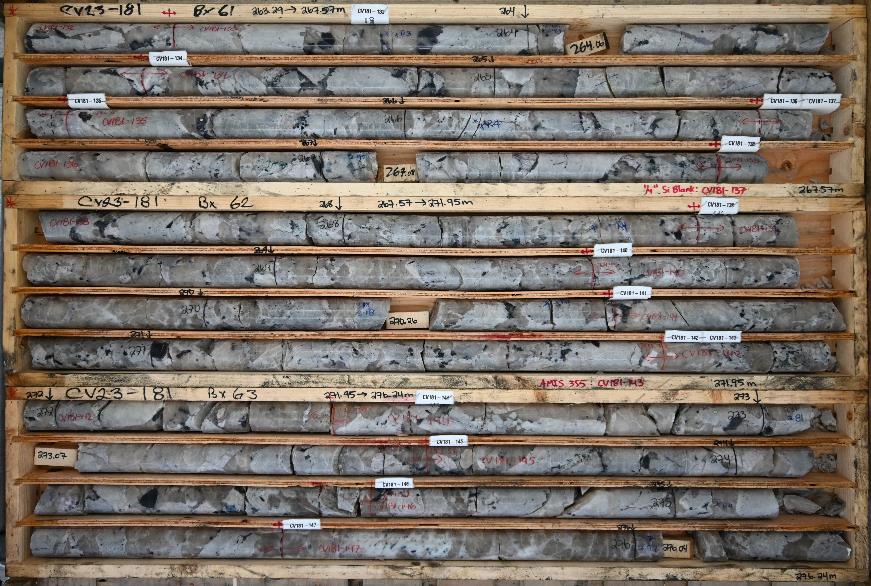 Figure 5: High-grade (4+% Li2O) spodumene pegmatite from the Nova Zone in drill hole CV23-181.