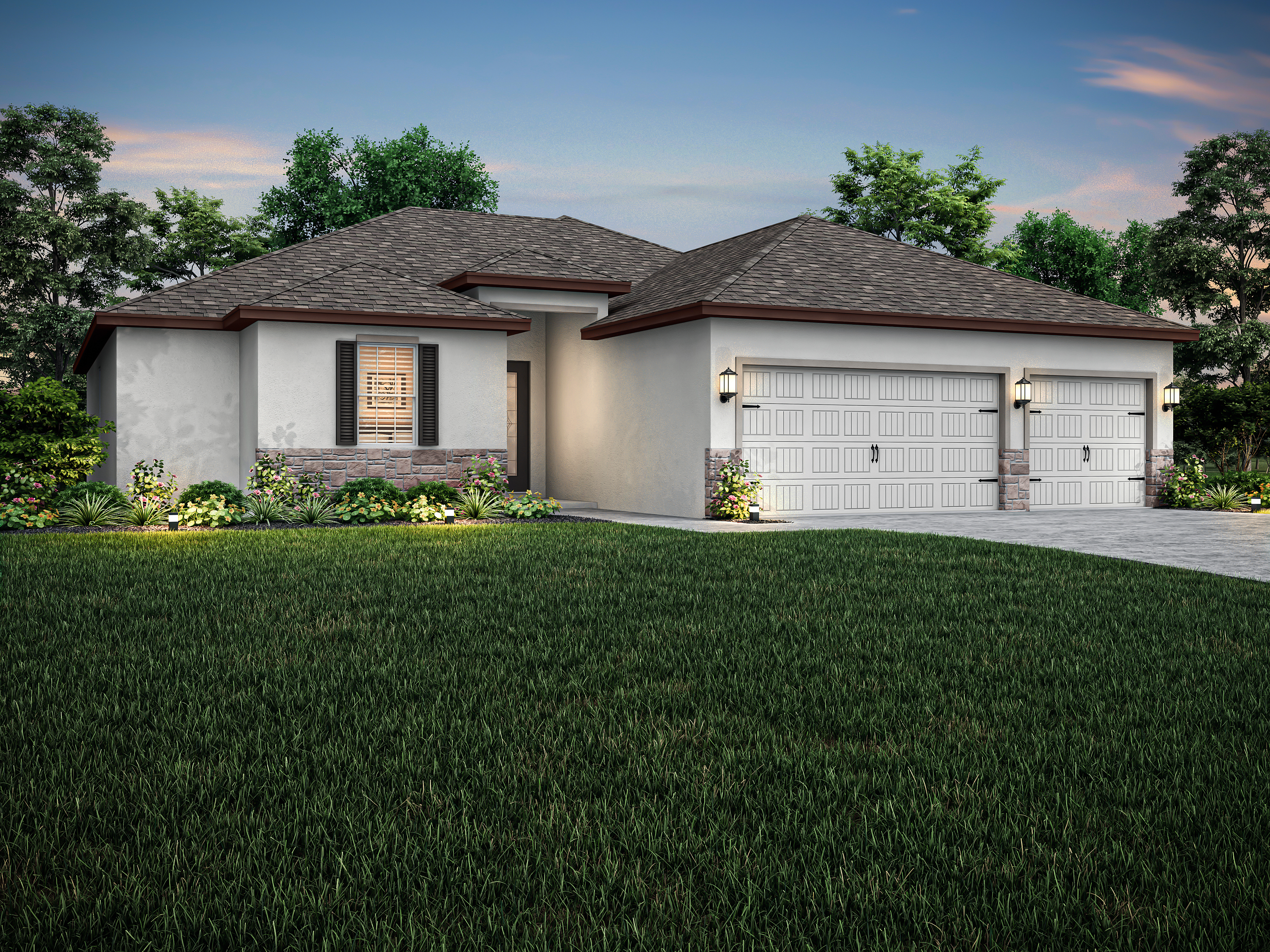The Key West plan is a spacious floor plan that features a three-car garage and five bedrooms.