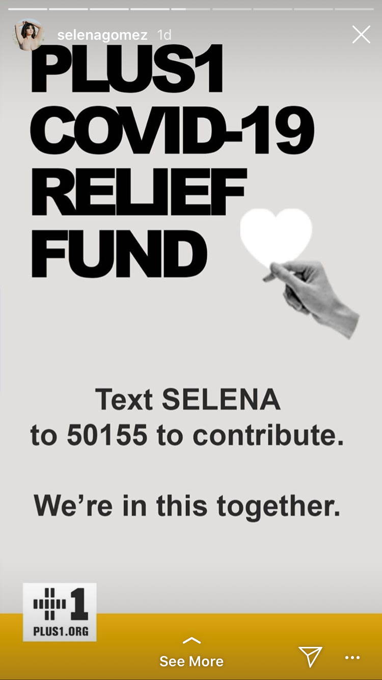 Renowned singer and actress Selena Gomez is actively promoting her text fundraising keyword on her Instagram story in support of PLUS1’s efforts.