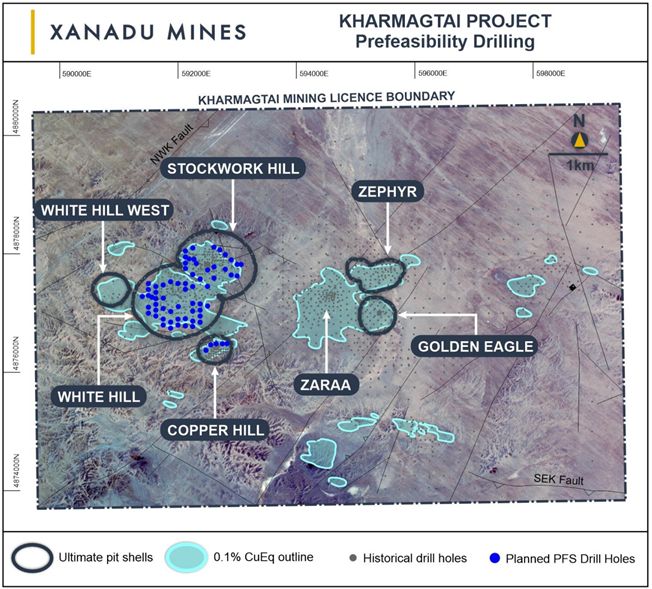 Kharmagtai currently defined mineral deposits and planned resource infill drill holes.