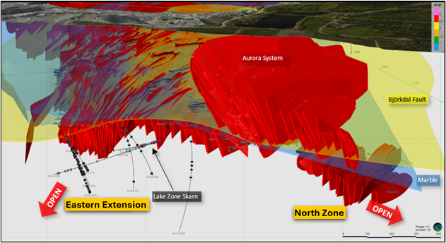 Perspective view of Björkdal looking south west showing locations of exploration during Q1 FY26