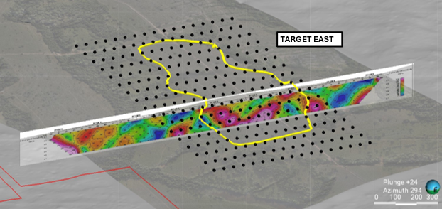 Image of Induced Polarization Line through the East Target Gold in Soil Anomaly showing Resistivity profile