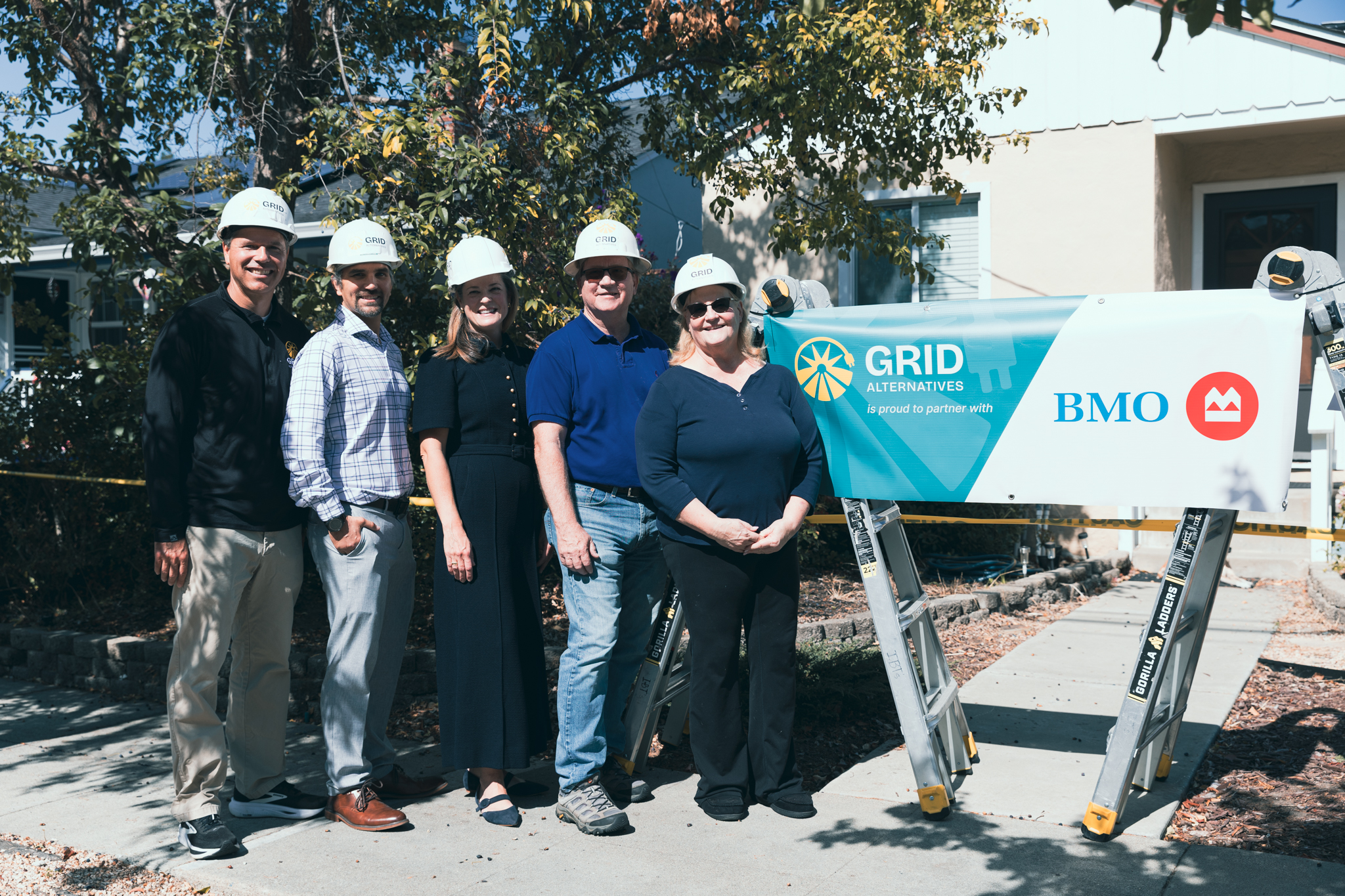 Left to right: Tim Sears, GRID Alternatives Co-Founder and Co-CEO; Pablo del'Aguila, GRID Alternatives Northern California Executive Director; Melissa Fifield, Head of the BMO Climate Institute; Bob Murphy and Lorrayne Murphy, Homeowners/GRID Alternatives' First Solar Clients. Photo Credit: GRID Alternatives