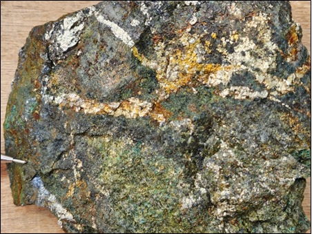 Figure 4 – Altered Diorite Specimen Displaying Pyrite and Chalcopyrite in Veinlets and Disseminations, with Chalcocite and Malachite