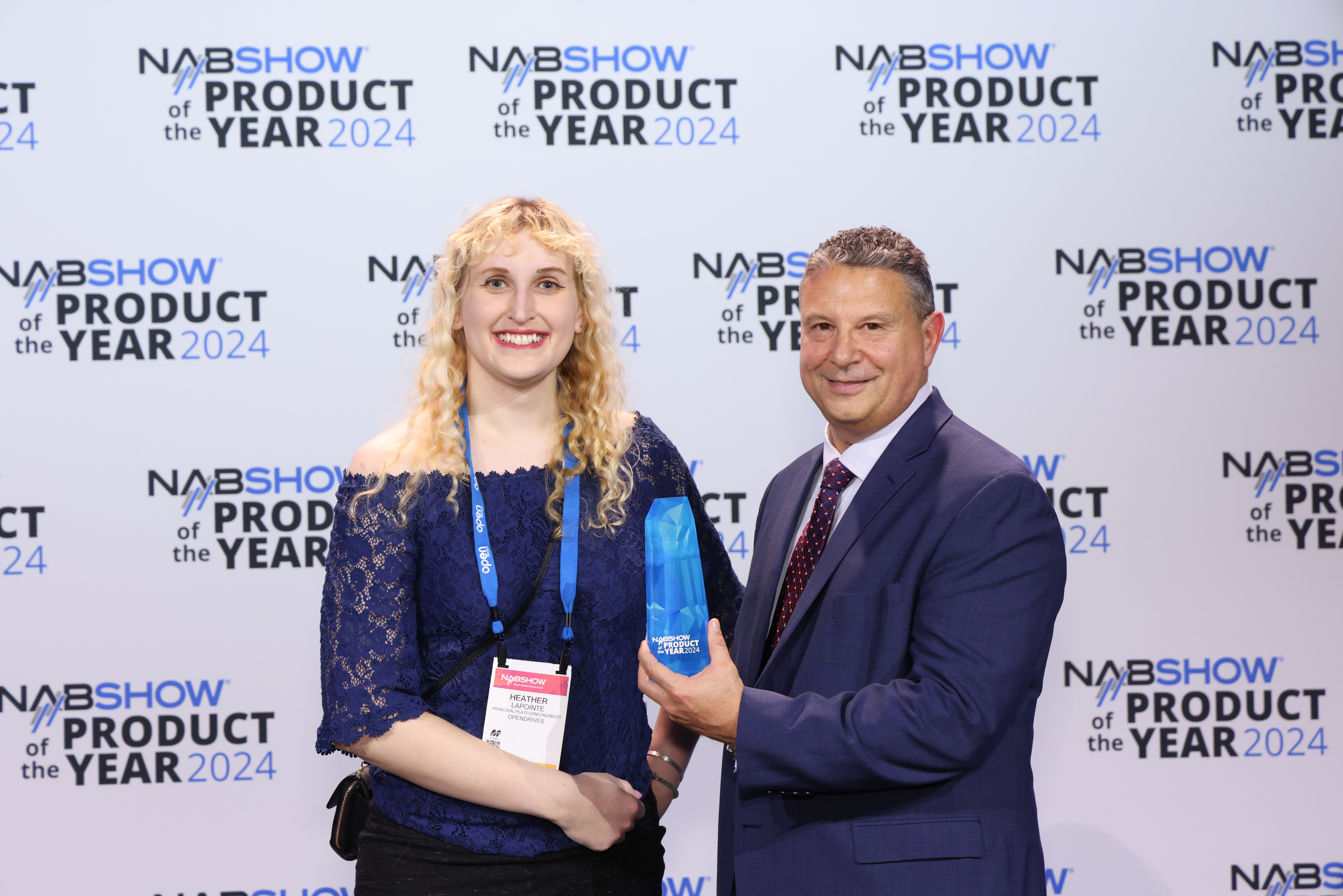Heather Lapointe (Principal Software Engineer) being presented with NAB Show Product of the Year Award 2024 on behalf of OpenDrives