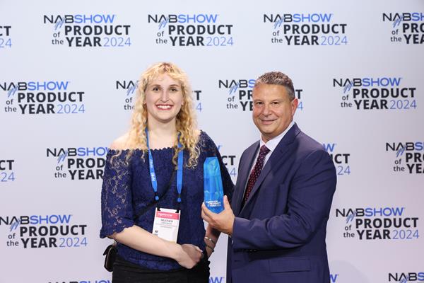 Heather Lapointe (Principal Software Engineer) being presented with NAB Show Product of the Year Award 2024 on behalf of OpenDrives.
