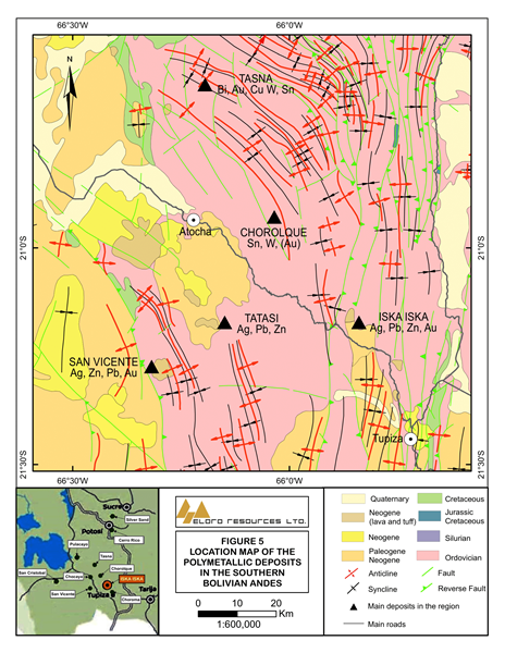 Geology of Southern Bolivia in Iska Iska Area showing locations of Mines and Major Polymetallic Mineral Deposits