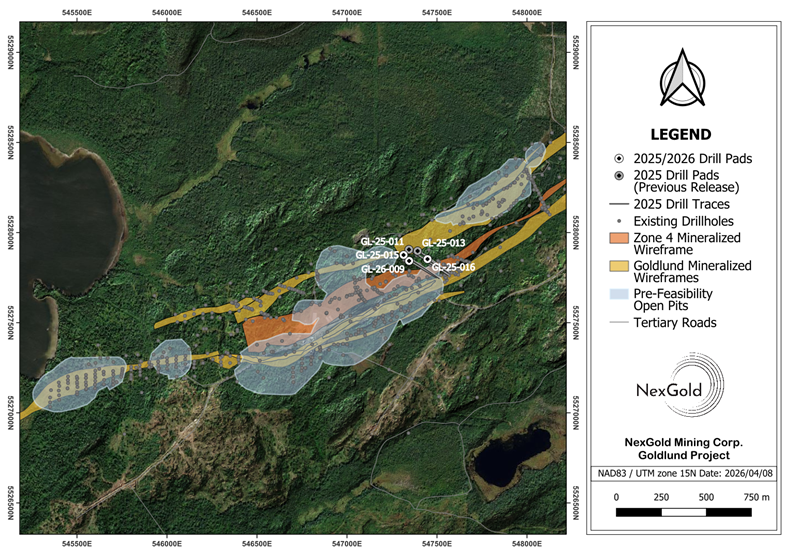 Plan map showing the location of the Goldlund Zone 4 infill drill holes