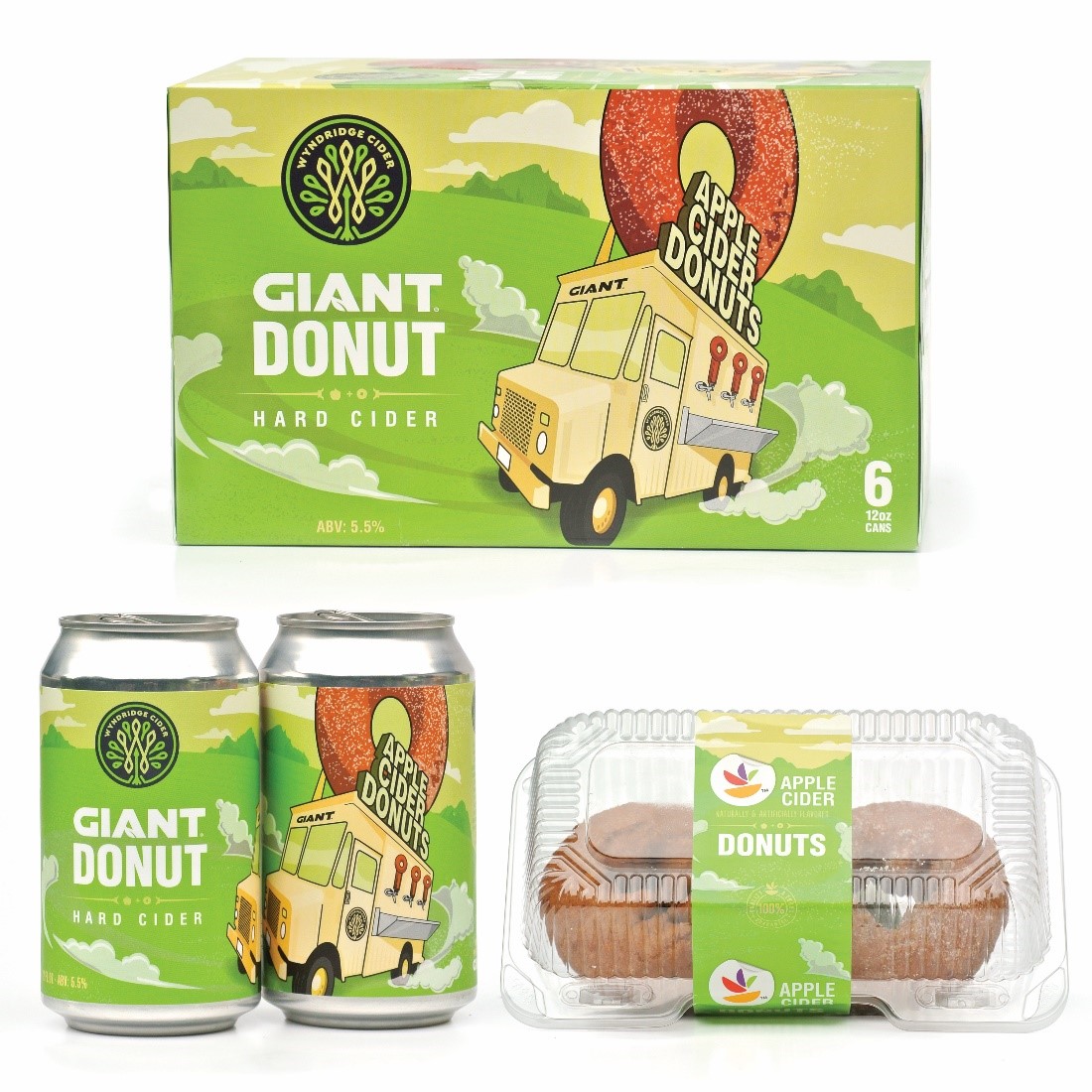 Pictured below is The GIANT Company’s GIANT Donut Hard Cider box design, can design, and apple cider donut packaging: