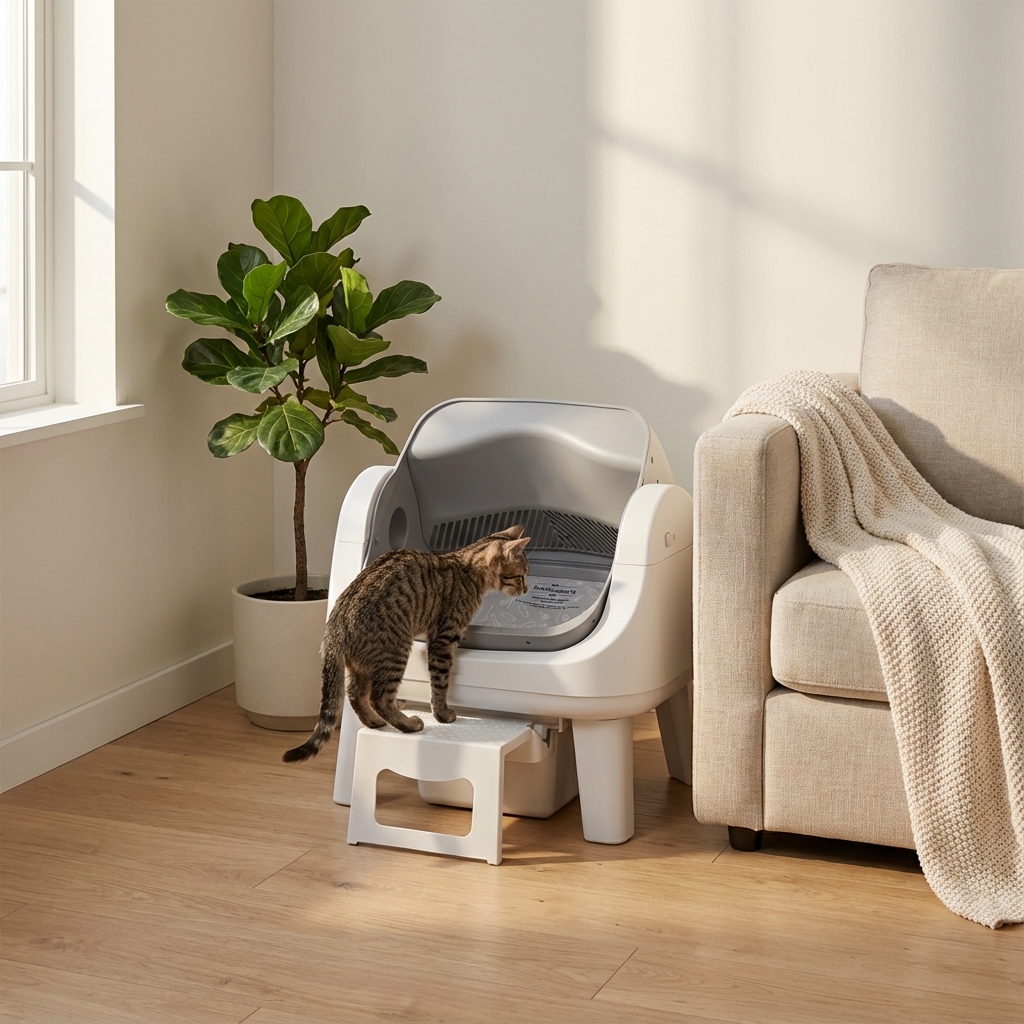 A cat stepping into the open-top PetPivot AutoScooper 12 self-cleaning litter box, showing the accessible entry footstep designed for senior cats
