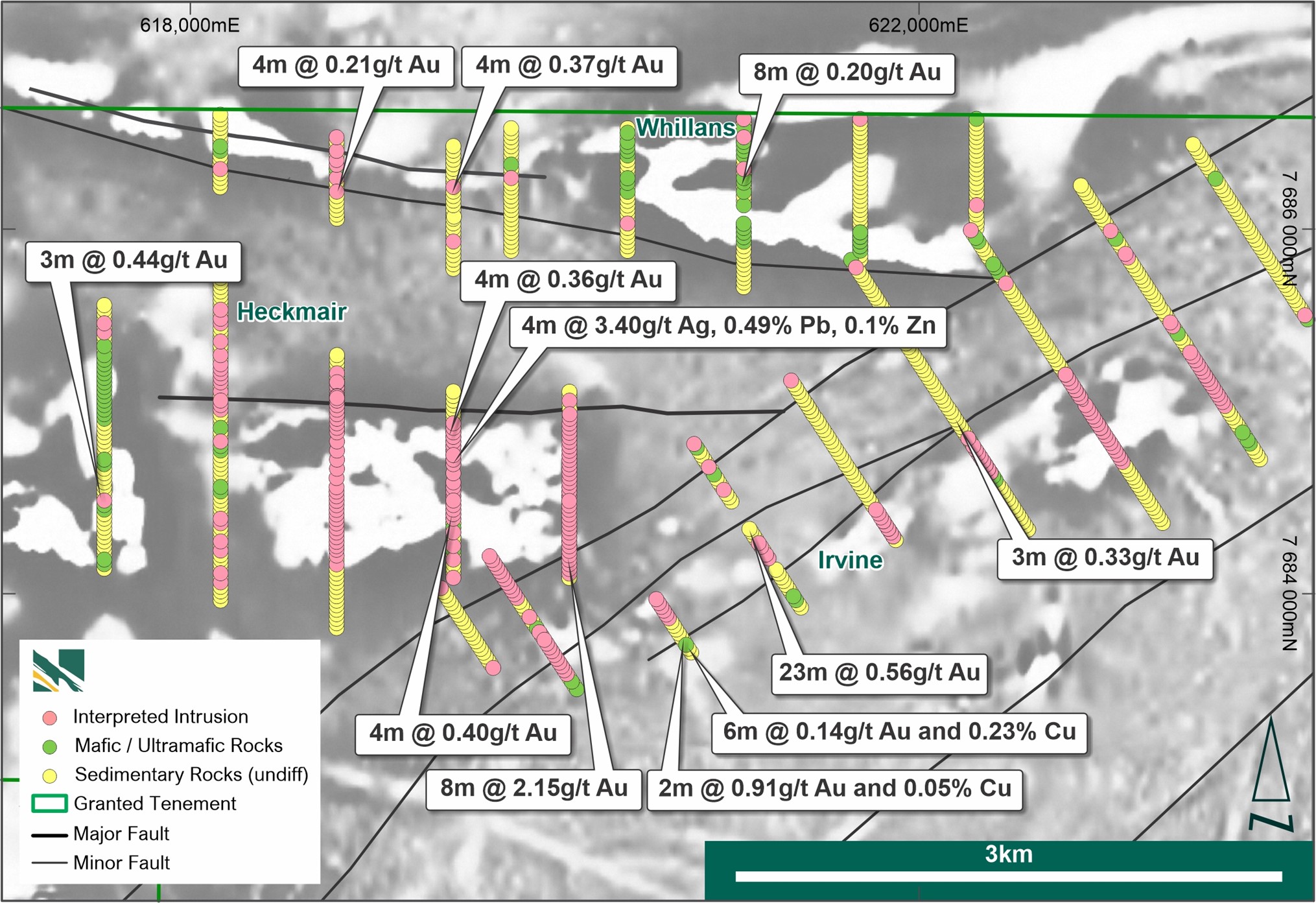 Becher target area showing rock types interpreted from multielement analysis of end-of-hole samples in AC drilling over 1VD high resolution aeromagnetics.
