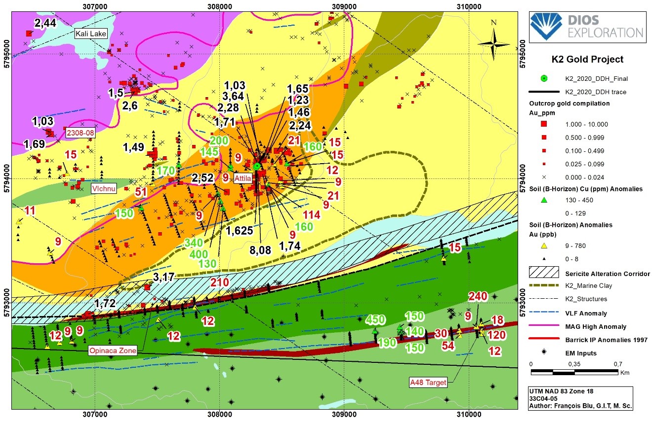 Attila volcanic dome and series of VLF EM anomalies at contact 