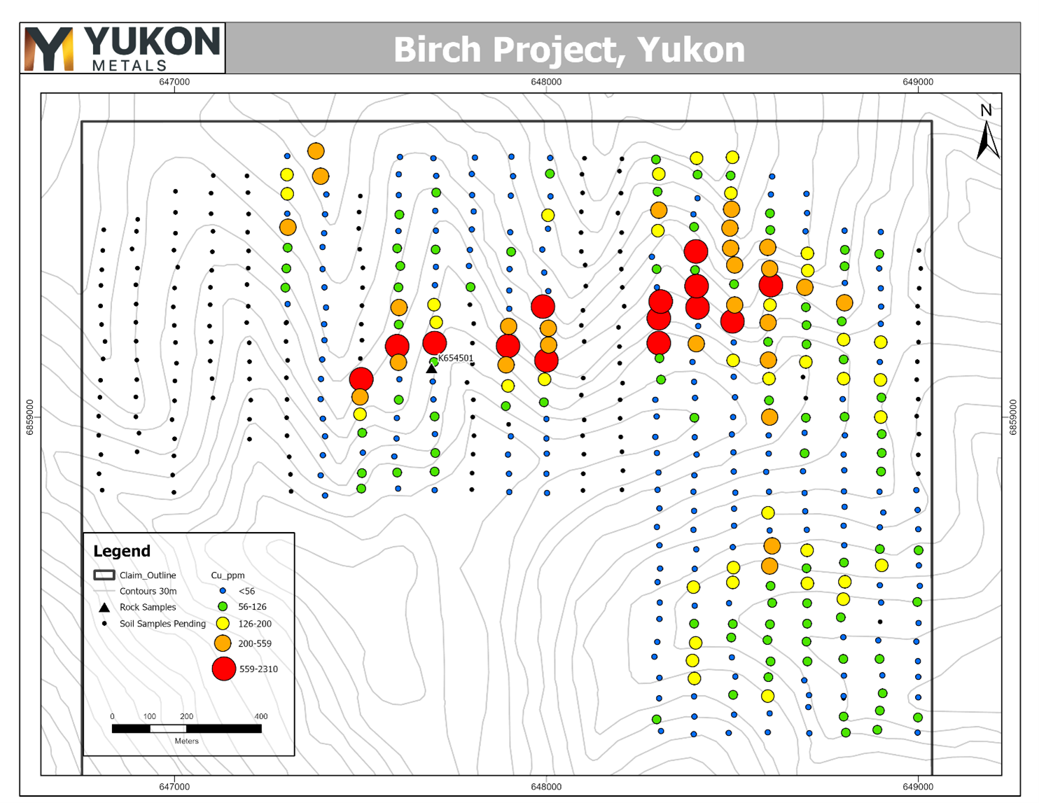 Copper-in-soils at northern Birch 50m x 100m grid.