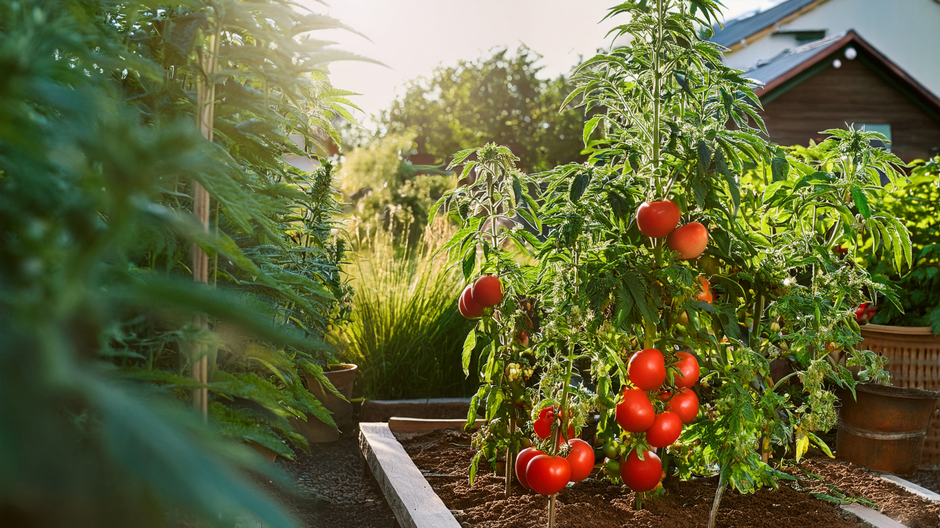 Tomato and Cannabis Plants growing together outdoors